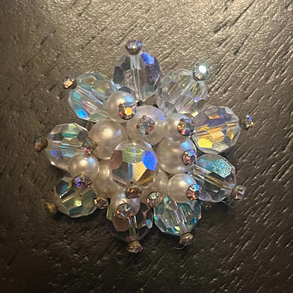 Vintage AB Beaded Cluster Brooch with Faux Pearl West Germany